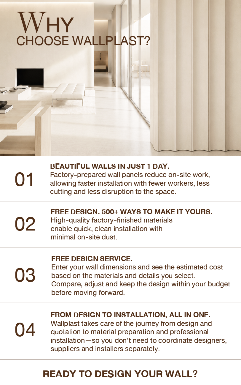 Why Choose Wallplast - 01 Beautiful walls in 1 day, 02 Free design, 03 Free design service, 04 All in one